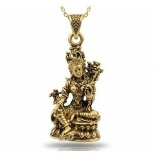 Vintage Brass Goddess Green Tara Pendant Necklace Blessings Statue Charm